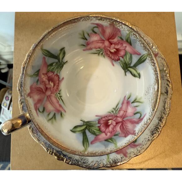 Porcelain Footed Tea Cup & Saucer Pink Orchid Flowers Cobalt Blue Gold - Picture 3 of 6